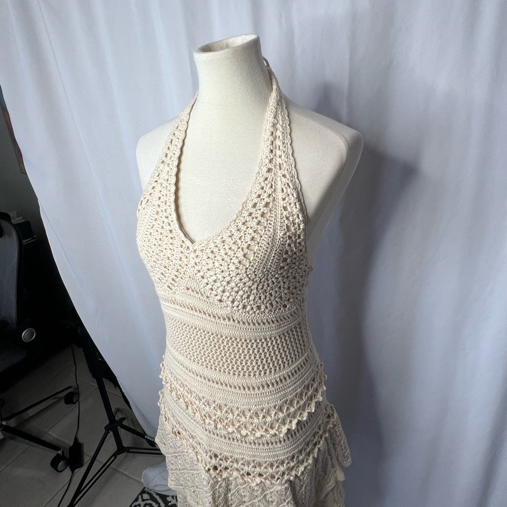 ✨ MODA International Cream Crochet Halter Dress Boho Festive Mini Dress - Medium - Picture 3 of 11